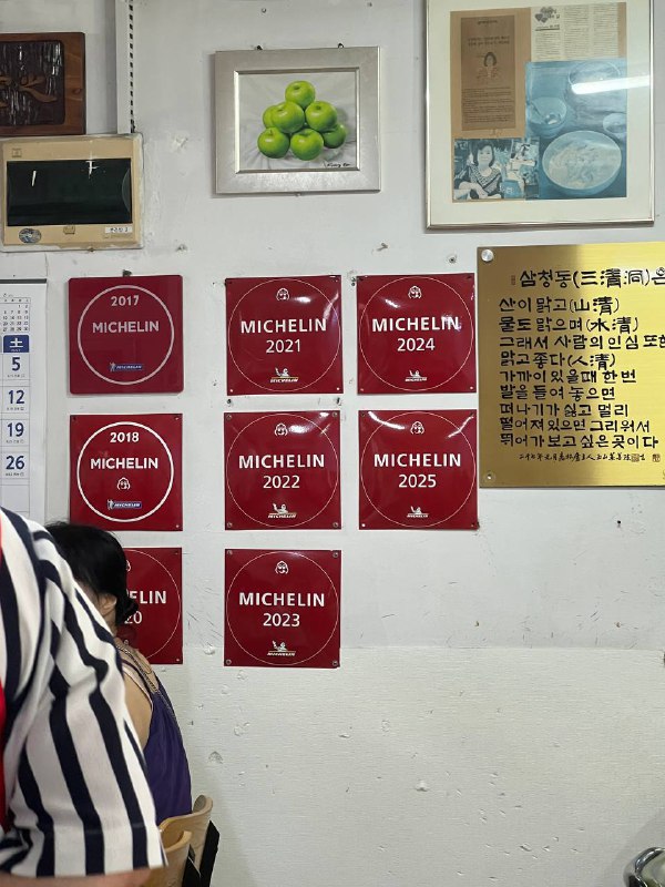 Wall with multiple red Michelin Guide plaques