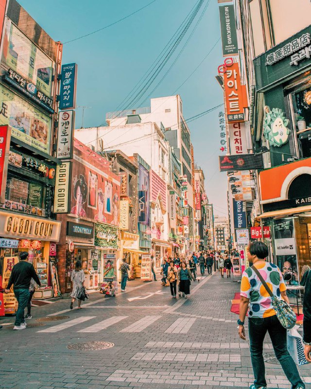Bustling street scene in Myeongdong, Seoul