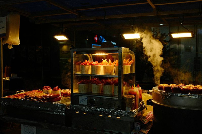 Vibrant Korean street food stall at night